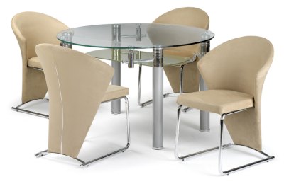 Rotunda Beige Faux Suede, Chrome & Glass Extending Dining Set by Julian Bowen